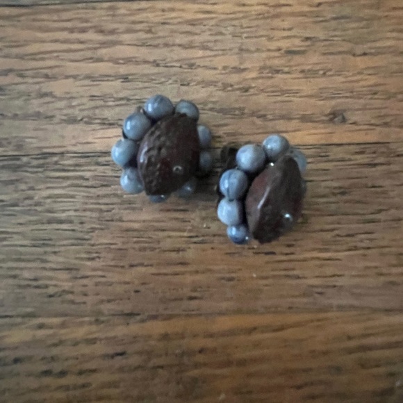 Vintage MCM Clip On Earrings Clips Japan 60s Mid Century Modern Blue Brown - Picture 3 of 4